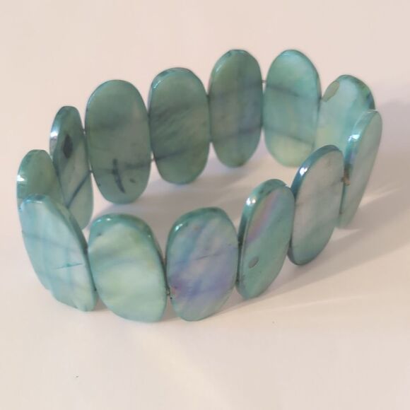 659 Blue Mother of Pearl Beaded Stretch Bracelet - Picture 3 of 4